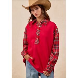 BiBi - BRUSHED TERRY WITH CHRISTMAS PLAID COLLARED TOP